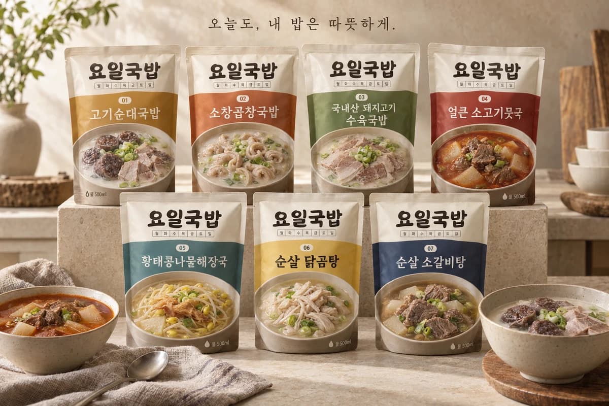 요일국밥 일곱 가지 원팩 패키지와 따뜻한 국밥을 차린 상