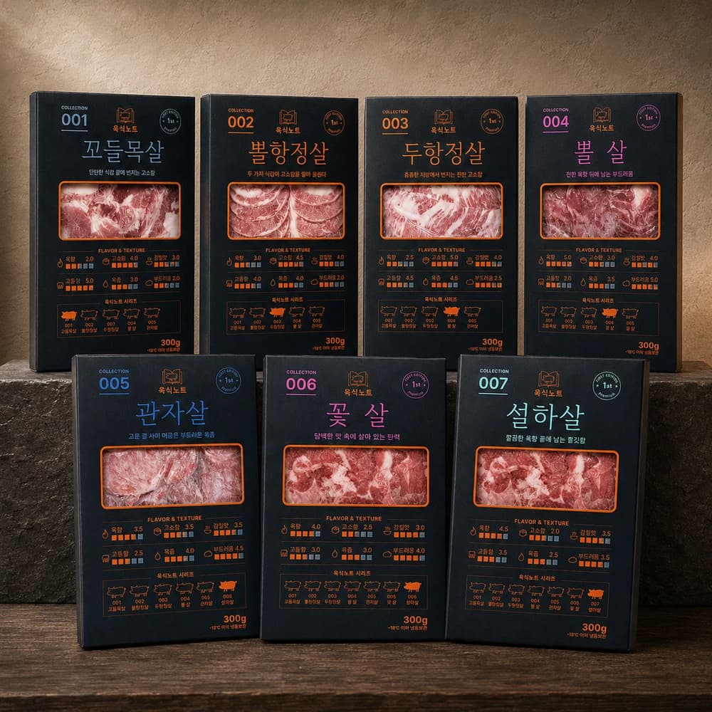 고기와 부위명이 보이는 육식노트 일곱 가지 제품의 정면 패키지